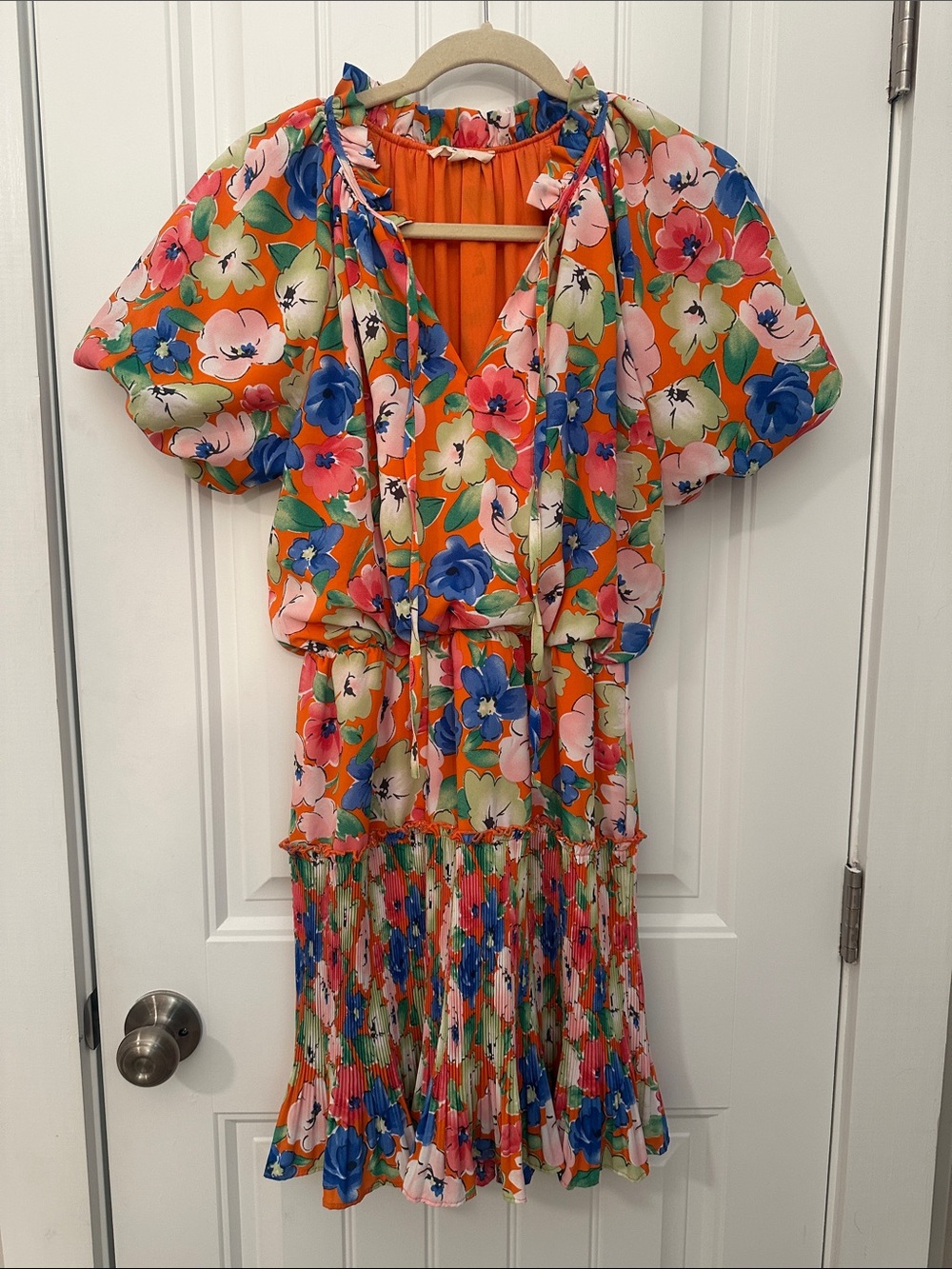 entro Orange Floral Pleated Midi Dress with Blue & Pink Blooms